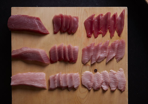 Dinko Tuna - Preparing Tuna Sashimi Sliced Tuna Sashimi on a wooden board