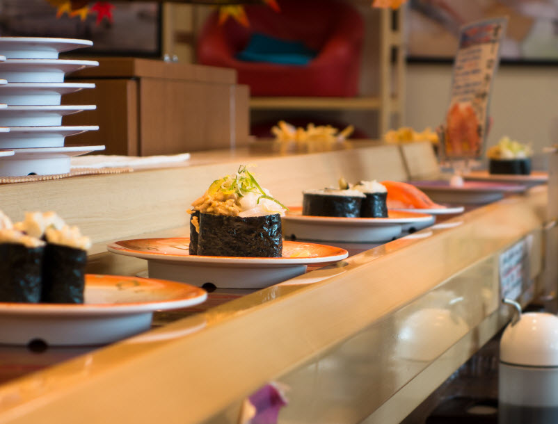 Sushi placed in a Conveyor belt in a restaurant