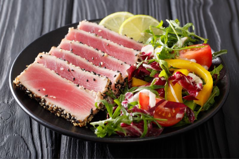 steak tuna in sesame, lime and fresh salad