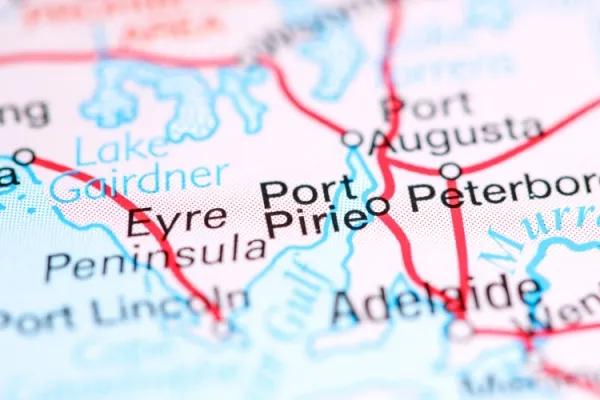 Map of South Australia highlighting Eyre Peninsula, Port Pirie, and Port Augusta.