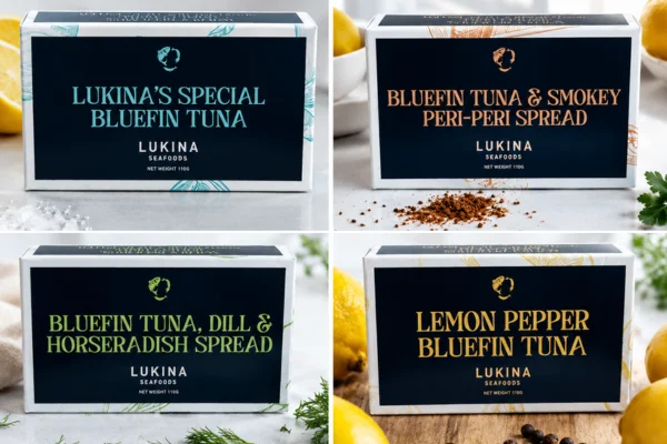 Four gourmet Lukina Seafoods bluefin tuna spread packages displayed in a 2x2 grid, featuring flavours including smoky peri-peri, dill and horseradish, and lemon pepper, styled with herbs, spices, and lemons on a bright tabletop background.