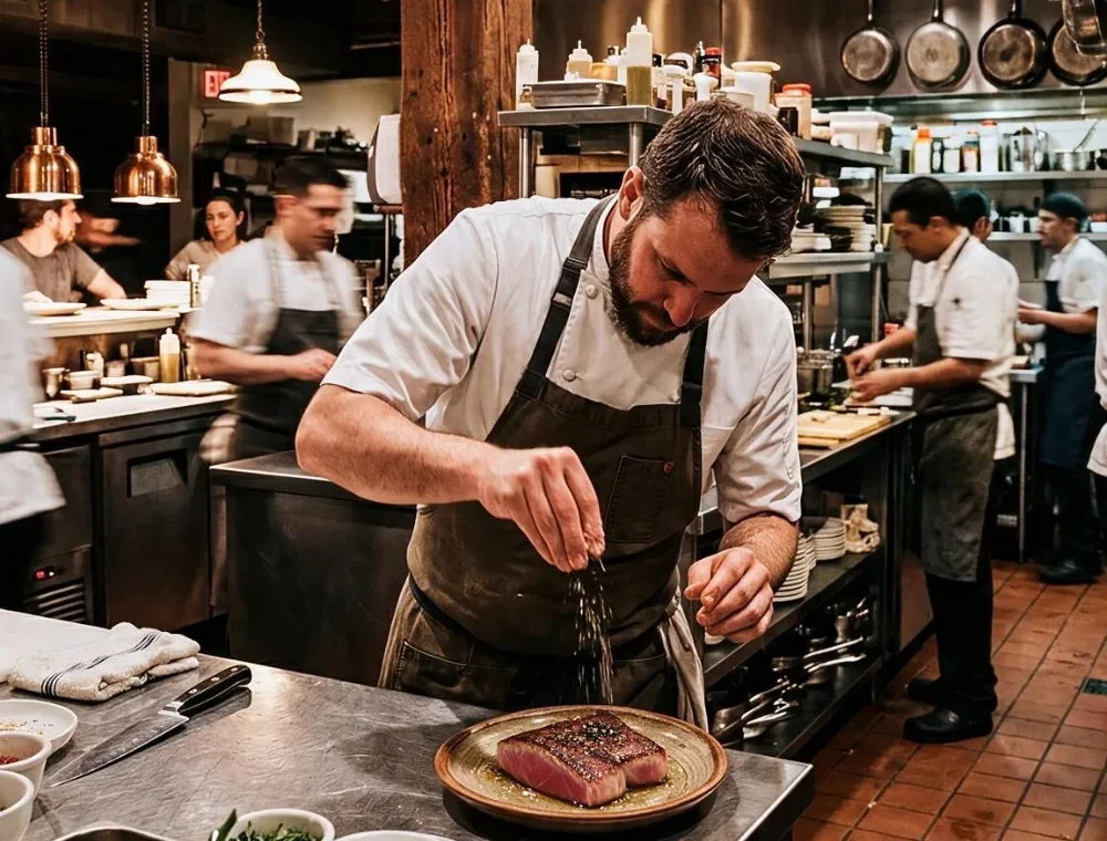 Busy high end restaurant kitchen in Melbourne. Chef preparing a premium Southern Bluefin Tuna Steak dish.