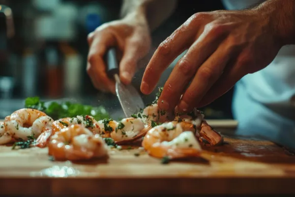 Restaurant Chef Peels and Preps King Prawns In Commercial Kitchen
