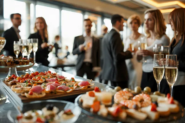 corporate christmas party in upmarket event space. Canapes and champagne on tables as people in suits mingle.